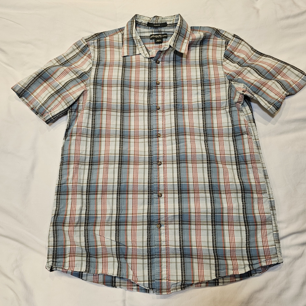 Eddie Bauer Men's Plaid Seersucker Button-Down Shirt - Blue, Red, White